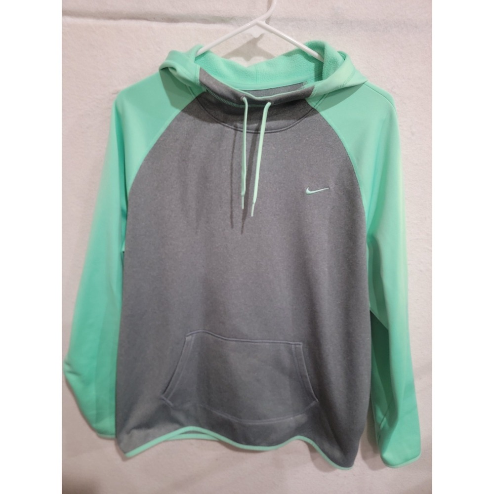 Nike Womens Therma-FIT Hoodie XL Gray Mint Green Thumb Holes Embroidered 685459